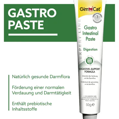 GimCat Gastro Intestinal Paste Digestion, Digestive-Support Formula, 50 g. Texte en allemand : naturellement saine flore intestinale, favorise la digestion normale, contient des prébiotiques.