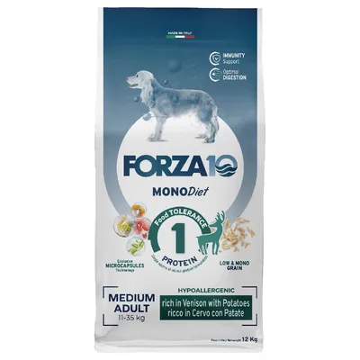 Saco de ração Forza10 MonoDiet Medium Adult 11–35 kg, hipoalergénica, rica em veado com batatas, 12 kg. Indicações: Food Tolerance 1 Protein, Low & Mono Grain, Immunity Support, Optimal Digestion.