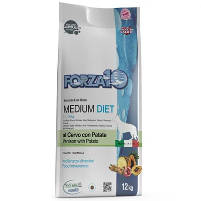 Forza10 Medium Diet 11–35 kg, al Cervo con Patate, 12 kg. Intolleranze alimentari. Made in Italy. Imagine cu ingrediente: ananas, rodie, papaya, ginseng, cartof. Forza10 Medium Diet 11–35 kg, al Cervo con Patate, 12 kg. Intolleranze alimentari. Made in Italy. Imagine cu ingrediente: ananas, rodie, papaya, ginseng, cartof.