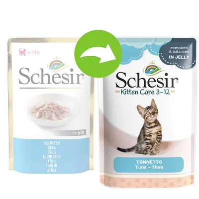 Schesir Kitten Care 3-12, tonfisk i gelé. Förpackningsändring från gammal design till ny design med kattmotiv.