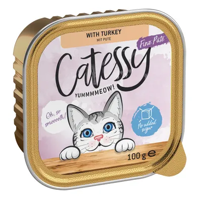 Catessy Fine Paté con pavo, 100g. Sin azúcar añadido. Ilustración de un gato con fondo azul y texto 'Oh, so smooth!'.