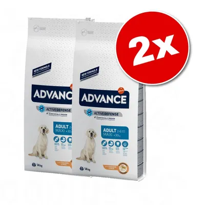 2 x Advance Active Defense Adult 2–6 v. Maxi +30 kg, kana & riisi, 14 kg säkkiä koiranruokaa. Pakkauksessa labradorinnoutajan kuva.