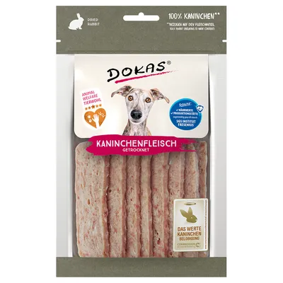 Dokas carne de coelho seca, 100% coelho, certificado de bem-estar animal, testado pelo SGS Institut Fresenius, recompensa para cães. Embalagem com imagem do produto.