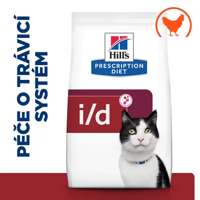 Hill's Prescription Diet i/d, péče o trávicí systém, balení s obrázkem kočky a ikonou kuřete v pravém horním rohu