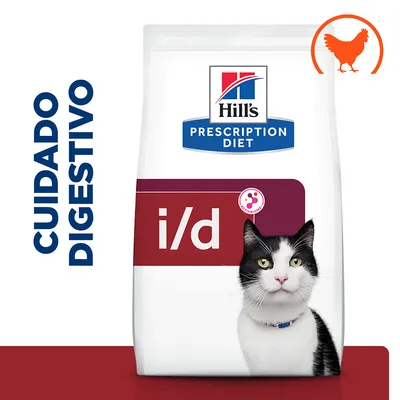 Hill's Prescription Diet i/d para gatos, cuidado digestivo. Imagen de un paquete con icono de pollo y texto visible: CUIDADO DIGESTIVO.