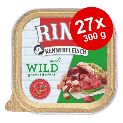 Rinti Kennerfleisch mit Wild, getreidefrei, 27 x 300 g. Billede af dåsefoder med kød og grøntsager på emballagen. Tekst: Party seit 1988 Original.
