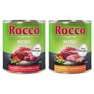 Rocco Menu, ternera con verduras y arroz, lata 400g. Texto: 'Con verduras'.