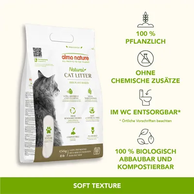almo nature Natural Cat Litter, 100% pflanzlich, ohne chemische Zusätze, im WC entsorgbar, 100% biologisch abbaubar und kompostierbar, Soft Texture. almo nature Natural Cat Litter, 100% pflanzlich, ohne chemische Zusätze, im WC entsorgbar, 100% biologisch abbaubar und kompostierbar, Soft Texture.