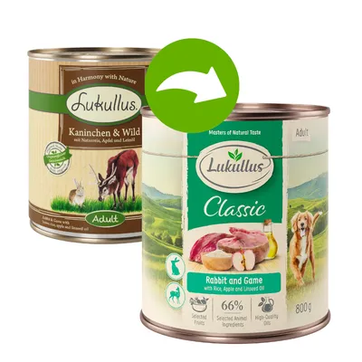 Lukullus Classic Adult nyúl és vad rizzsel, almával és lenolajjal. 800g konzerv, 66% állati összetevő, minőségi olajok, válogatott gyümölcsök.