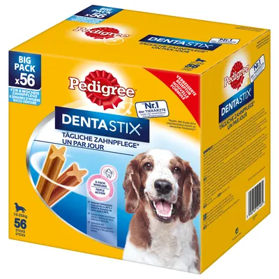 Pedigree Dentastix, dagelijkse gebitsverzorging voor honden van 10-25 kg. Big Pack met 56 sticks, 8 weken gebitsverzorging, verbeterde receptuur, nr. 1 bij dierenartsen, drievoudige werking.
