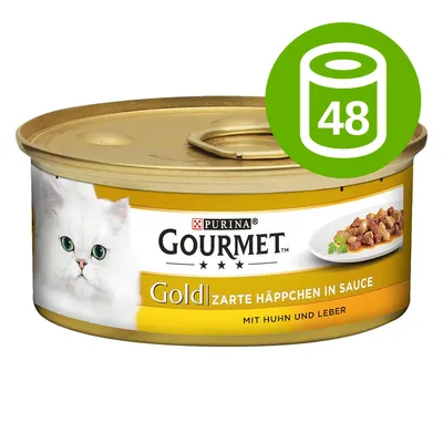 Purina Gourmet Gold Zarte Häppchen in Sauce, mit Huhn und Leber, puszka z wizerunkiem białego kota; zielona ikona z liczbą 48 oznaczająca pakiet 48 sztuk