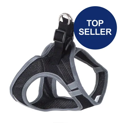 Schwarzes und graues Hundegeschirr mit reflektierenden Streifen, verstellbarem Gurt und Metallring. Blauer Kreis mit Text 'Top Seller'.