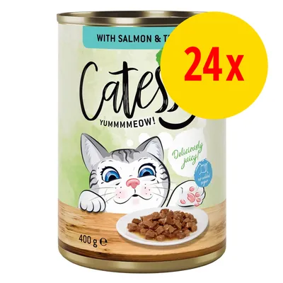 Catisfactions kissan märkäruoka, with salmon & tuna, 400 g tölkki, pakkauksessa 24 kpl. Etiketissä piirros kissasta ja lautasella palaruokaa. Teksti: Deliciously juicy, no added sugar.