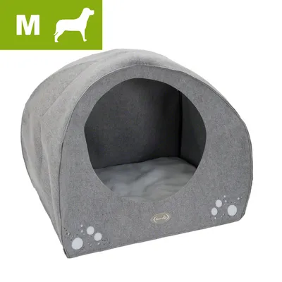 Šedý textilní pelíšek pro psy, velikost M, kulatý vchod, polstrované dno, dekorace s bílými puntíky na přední straně. V levém horním rohu piktogram psa a písmeno M. Šedý textilní pelíšek pro psy, velikost M, kulatý vchod, polstrované dno, dekorace s bílými puntíky na přední straně. V levém horním rohu piktogram psa a písmeno M.