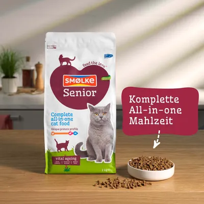 SMØLKE Senior Complete all-in-one cat food, unique protein profile, vital ageing, komplette All-in-one Mahlzeit, 2 kg Beutel und Schale mit Trockenfutter. SMØLKE Senior Complete all-in-one cat food, unique protein profile, vital ageing, komplette All-in-one Mahlzeit, 2 kg Beutel und Schale mit Trockenfutter.