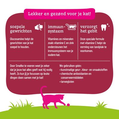Productvoordelen: Glucosamine voor de gewrichten, vitamine E en zink voor het immuunsysteem, vitamine C tegen tandplak. Zonder kunstmatige toevoegingen, chemische antioxidanten en tarwegluten.