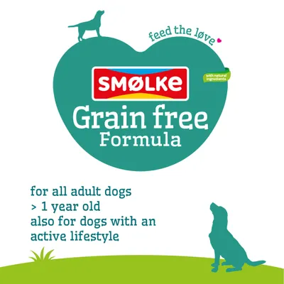 SMØLKE Grain Free Formula, with natural ingredients. For all adult dogs from 1 year, also suitable for dogs with an active lifestyle. SMØLKE Grain Free Formula, with natural ingredients. For all adult dogs from 1 year, also suitable for dogs with an active lifestyle.