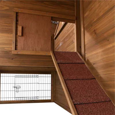 Wood enclosure with red ramp, lockable door and metal grid. Interior made of visible wood.