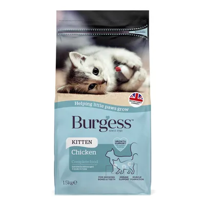Burgess Kitten Chicken complete food, growth support for bones, teeth, immune system and muscle formation. Suitable for kittens aged 4 weeks to 1 year. 1.5kg pack.