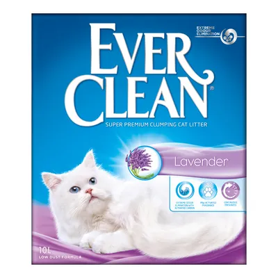Ever Clean Super Premium Clumping Cat Litter Lavender, 10 l. Text: Extreme odour elimination, paw activated fragrance, continuous freshness, low dust formula.