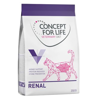 Concept for Life Veterinary Diet RENAL kattenvoer 350 g, tekst: kidney support, protein-reduced, stone prevention. Afbeelding van kat en paarse V zichtbaar op verpakking.