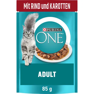 Purina ONE Adult Katzenfutter mit Rind und Karotten, 85 g. Verpackung zeigt eine graue Katze und eine Schale mit Fleischstücken.