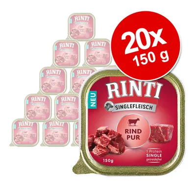 RINTI Singlefleisch Rind Pur, 20 x 150 g bakker. Synligt tekst: NEU, 1 Protein SINGLE, getreidefrei. Billede af oksekød på emballagen.