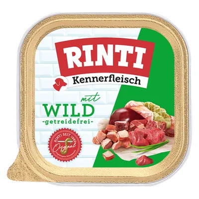 Rinti Kennerfleisch mit Wild, getreidefrei. Rinti seit 1893 Original. Abgebildet: Fleischstücke und Zutaten.
