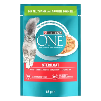 Purina ONE Sterilcat с пуйка и зелени фасул, подпомага микробиома на червата, контрол на теглото и здрави пикочни пътища. Опаковка 85g.