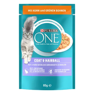 Purina ONE Coat & Hairball Alimento umido per gatti - 52 x 85 g con Pollo e Fagiolini