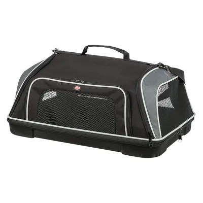 Caisse de transport noire Trixie en tissu avec poignées, panneaux en maille pour aération et fermetures éclair visibles.