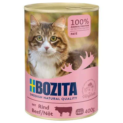 Bozita Paté au bœuf, 100% protéines animales, sans céréales, 400g. Qualité naturelle suédoise, cuisiné avec des ingrédients naturels à Vårgårda.