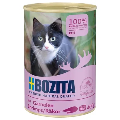 Bozita Swedish Natural Quality hrana za mačke, pašteta s kozicama, 100% životinjskih proteina, bez žitarica, konzerva 400g.