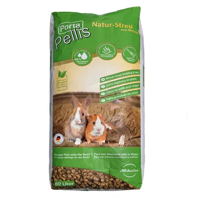 Bag of wheat straw bedding and litter, 400% absorbency, odour control, dust free, ecological, 60 litres. Text in multiple languages highlights product features. Bag of wheat straw bedding and litter, 400% absorbency, odour control, dust free, ecological, 60 litres. Text in multiple languages highlights product features.
