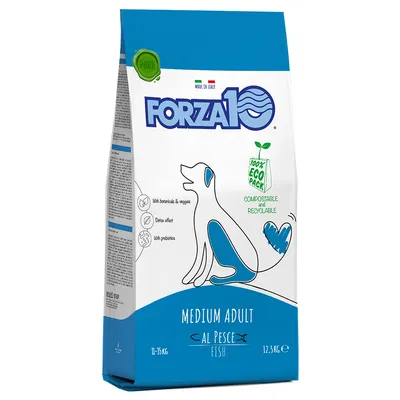 Forza10 Medium Adult al Pește, 12,5 kg, pentru câini 11–35 kg. Ambalaj 100% eco pack compostabil și reciclabil. Text vizibil: made in Italy, fish, fără grăsimi animale. Forza10 Medium Adult al Pește, 12,5 kg, pentru câini 11–35 kg. Ambalaj 100% eco pack compostabil și reciclabil. Text vizibil: made in Italy, fish, fără grăsimi animale.
