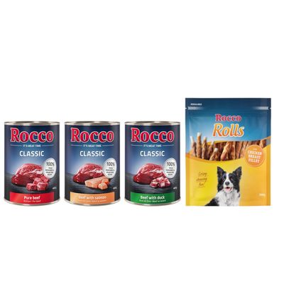 Kombi-Paket: Rocco Classic Probiermix Nassfutter + Rolls Snack 24 x 400 g Exklusiv-Mix: Rind pur, Rind/Lachs, Rind/Ente + 3 x 200 g Hühnerbrustfilet