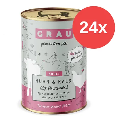 Grau Adult Huhn & Kalb, 68% Fleischanteil, mit natürlichen Zutaten, ohne Zuckerzusatz, getreidefrei. Für deine sensible Katze. 24x Dose.
