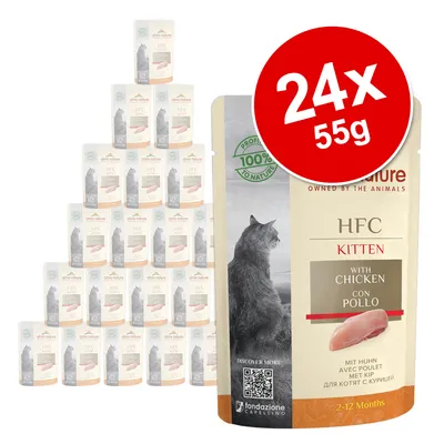 Almo Nature HFC Kitten s kuřetem, 24x55g. Pro kočky ve věku 2–12 měsíců. 100% přírodní složky. QR kód pro více informací.