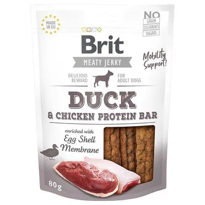 Brit Meaty Jerky Duck & Chicken Protein Bar, 80g, voor volwassen honden. Verrijkt met eierschaalmembraan. Geen granen, kleurstoffen of suikers. Mobility Support. Made in EU.