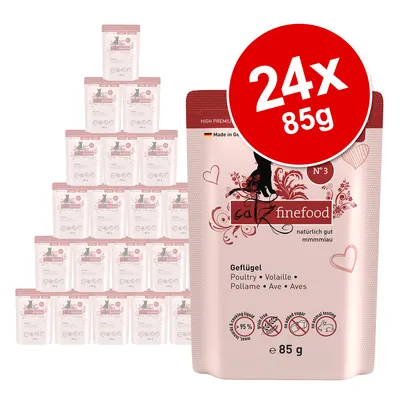 catz finefood N°3 fjerkræ, 24x85g. Fremstillet i Tyskland, 95% kødindhold, uden tilsat sukker, ingen dyreforsøg.