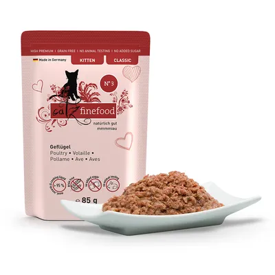 catz finefood N°3, gevogelte, 85g. Gemaakt in Duitsland, hoge kwaliteit, graanvrij, geen dierproeven, zonder toegevoegde suiker.