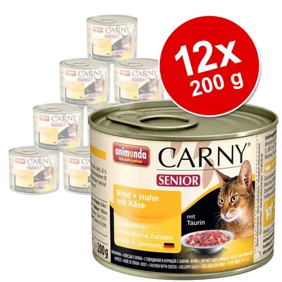 Pachet 12x200 g conserve animonda Carny Senior, Rind + Huhn mit Käse, cu taurina. Text vizibil: fără cereale, 100% ingrediente de origine animală, Made in Germany.
