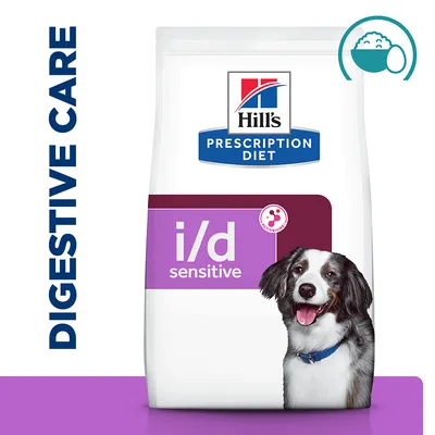 Digestive care food labelled i/d sensitive, prescription diet. Image shows a bowl and egg icon, and a dog beside the packaging.