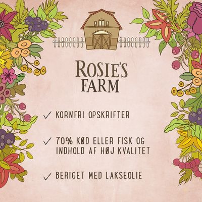 Rosie's Farm. Kornfri opskrifter. 70 % kød eller fisk og indhold af høj kvalitet. Beriget med lakseolie.