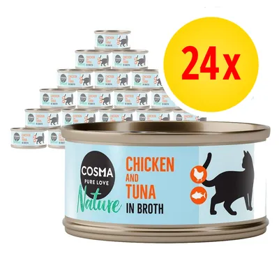24 lattine Cosma Pure Love Nature Chicken and Tuna in Broth, etichetta con silhouette di gatto e simboli pollo e tonno. Testo in inglese visibile sulla confezione.