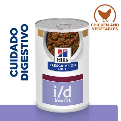 Hill's Prescription Diet i/d low fat, cuidado digestivo. Texto en inglés: Chicken and vegetables. Lata con comida húmeda visible y trozos de verduras.