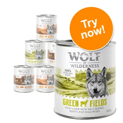 Wolf of Wilderness tins: Green Fields, Wide Acres, Oak Woods. Labels show 100% grain-free recipe, fresh lamb with wild berries, roots and wild herbs. Orange badge reads Try now!