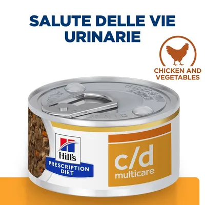 Hill's Prescription Diet c/d Multicare, salute delle vie urinarie, pollo e verdure. Testo in inglese: Chicken and vegetables. Lattina visibile con parte del contenuto.