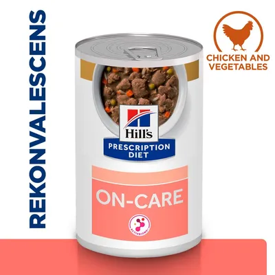 Hill's Prescription Diet ON-CARE dåse med synligt foder, tekst: REKONVALESCENS, CHICKEN AND VEGETABLES, ACTIVBIOME+