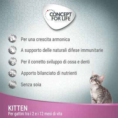 Concept for Life Kitten. Per una crescita armonica, supporto difese immunitarie, sviluppo ossa e denti, apporto bilanciato di nutrienti, senza soia. Per gattini tra 2 e 12 mesi.